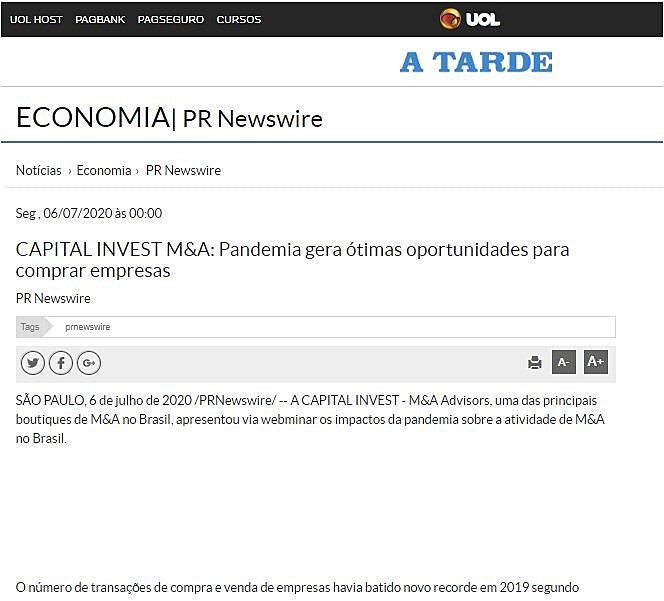 CAPITAL INVEST M&A: Pandemia gera timas oportunidades para comprar empresas